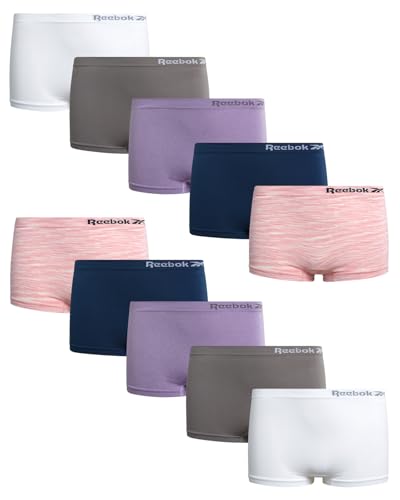 Reebok Girls Boyshorts Underwear - 10 Pack Soft Seamless Boyshort Panties Breathable Girls Underwear (Sizes: 6-16), Size 8-10, Sharkskin/Marble Pink/Navy/White/Violet