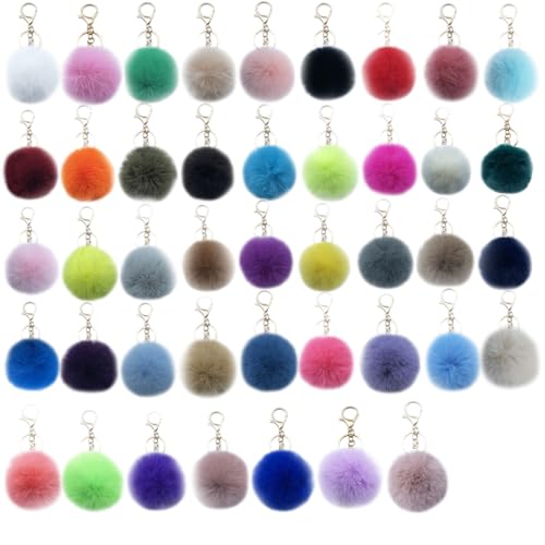 Unpafcxddyig 43 Pieces Pom Pom Keychains Artificial Rabbit Fur Ball Keychain Fluffy Pom Pom Puff Ball Key Rings,2.36in