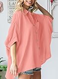 Astylish Women Elegant Shirts Classy V-Neck 3/4 Sleeve Button Down Basic Solid Chic Cotton Textured Oversized Blouse Pink Medium