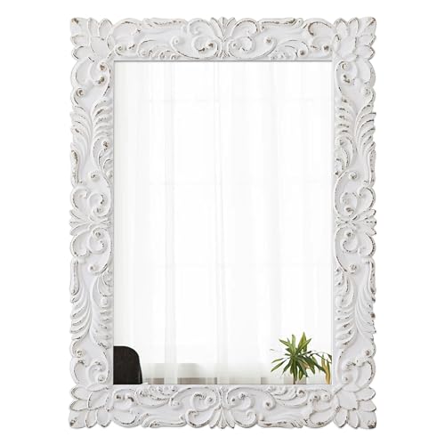 Sintosin Vintage Floral Rectangle Mirrors for Wall 31 X 23 Inch, Hanging Distressed White Carved Wood Frame Flowers Bathroom Mirrors for Over Sink, Glam French Country Mirror, Horizontal or Vertical