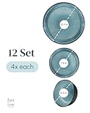 12 Piece Dinnerware Sets for 4 - Modern Style Stoneware Dinnerware Set - Scratch Resistant, Dishwasher Safe Plates and Bowls Sets Ceramic, Dish Set, Bowl and Plate Set - Black and Petrol Blue…