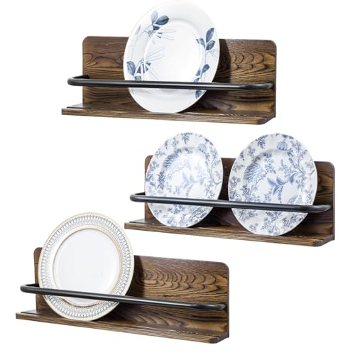 MyGift Set of 3 Wall Mounted Decorative Display Wooden Dual Plate Holders, Rustic Burnt Solid Wood Stand Shelf and Black Metal Rack Decor Hangers for 6 to 10 Inch Plates