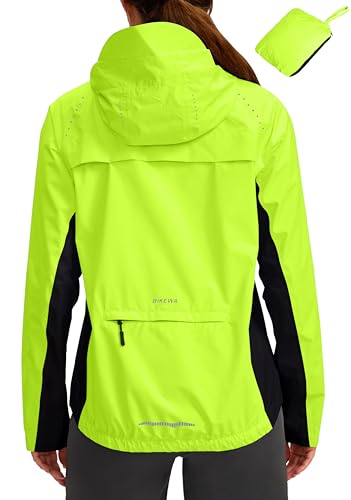 Bikewa Women's Cycling Rain Jackets Waterproof Windbreaker Lightweight Running Windproof Reflective Jacket Packable Hooded(Fluorescent Yellow/Black,XL)