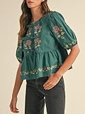 Joiemont Womens Short Puff Sleeve Floral Embroidery Poplin Front Self Tie Detail Peplum Top Blouse(0651-Green-M)