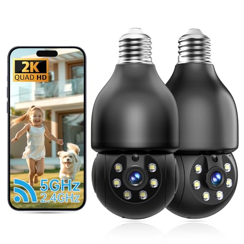2K Light Bulb Security Camera 5G&2.4G WiFi Security Cameras Wireless Outdoor Indoor,360°Bulb Cameras for Home Security Outside Indoor,Motion Detection and Alarm,Two-Way Talk,Color Night Vision 2 Pack