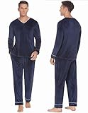 Ekouaer Couples Matching Pajamas Sets Velvet PJs Set for Men and Women Velour Long Sleeve Sleepwear S-XXL Navy