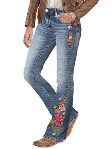 Flamingals Women's Floral Embroidery Mid Waist High Stretch Bootcut Jeans with Pockets Sky Mid Blue L