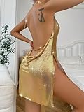 Falainetee Women's Metallic V Neck Backless Chain Cami Party Dress Gold M