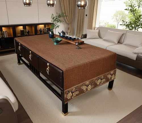 LAVSHOME Traditional Feature Coffee Table Cover Rectangle with Embroidered Flowers.Coffee Table Cloth and Tea Table Runner for Living Room,Machine Washable and Dryable(Brown,57" L x 19.7" W)