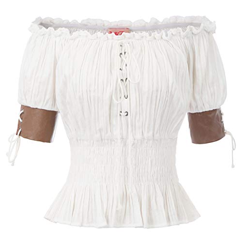 Women Victorian Steampunk Shirts Tops Gothic Peasant Smocked Shirts White L