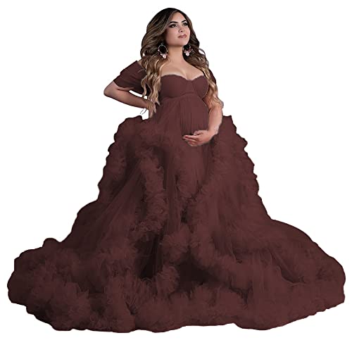 DOCOJAZ Off The Shoulder Maternity Dress for Photoshoot Fluffy Tulle Robe Long Bridal Robe Baby Shower Dress Brown Size X-Large