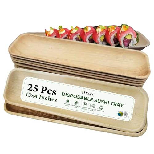 Dtocs Palm Leaf Sushi Tray (25) | 13 x 4 Inch Bamboo Plate Like Disposable Sushi Serving Tray Set, Chicken Wings Serving Tray for Luau, Wedding Parties | Compostable Alternate to Rectangle Paper Plate