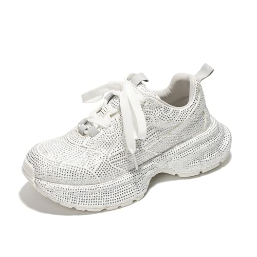 Cape Robbin Johanna Sneakers, Chunky Sneakers Women, Trendy Rhinestone Platform Sneakers, Chunky Black & White Sneakers Women - White Size 8