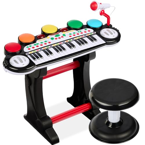 Best Choice Products 37-Key Kids Electronic Musical Instrument Piano Learning Toy Keyboard w/ Multiple Sounds, Lights, Microphone, Stool - Black