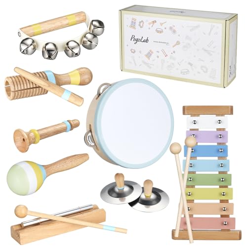 Musical Instruments for Toddlers,POGOLAB Montessori Toys,Educational Wooden Percussion Toys,Gifts for 3 Years Old Boys and Girls, Xylophone,Cymbal,Tambourine,Maraca,Hand Bells,Chime bar