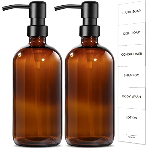 GMISUN Amber Glass Soap Dispenser, 2 Pack Bathroom Hand Soap Dispensers with Stainless Steel Pump, 17 Fl Oz Kitchen Hand and Dish Soap Dispenser Set, Modern Vintage Liquid Brown Soap Dispensers Bottle