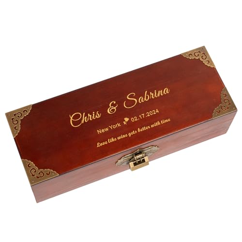 ERUOAEY Personalized Wood Wine Box, Custom Engraved Wine Gift Box, for Wedding, Anniversary, Engagement, Wine Box Ceremony, Bridal Shower