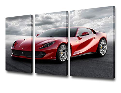 3 Pieces Red Sport Car in Black and White Posters Canvas Framed Wall Art Racing Cars Pictures Printed on Canvas Painting Artwork for Living Room Bedroom Interior Decoration - 12 x 24 inch x 3 Panels