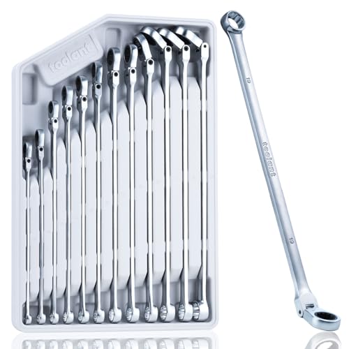 toolant Extra Long Ratcheting Wrench Set, Flex Head & Fixed Offset Head Double Box End Combination Wrench Set, CR-V Steel, Metric 8-19mm, 12PCS with Storage Tray