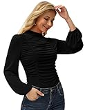 Long Sleeve Blouse for Women Pleated Front Fitted High Neck Shirt Top Black XL