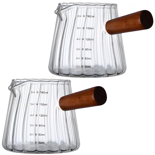 byepica Set of 2 Glass Espresso Measuring Cups, 6 Oz Triple-Spouted Pitcher with Wooden Handle, 180 Ml Shot Glass for Coffee Drinks, Bartender Supplies