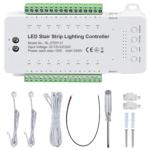 Stair Light Controller (16 Channel), LED Motion Sensor with Components, Automatic Stairway LED Controller with Adjustable Brightness and Speed, Safe DC12V-24V Input