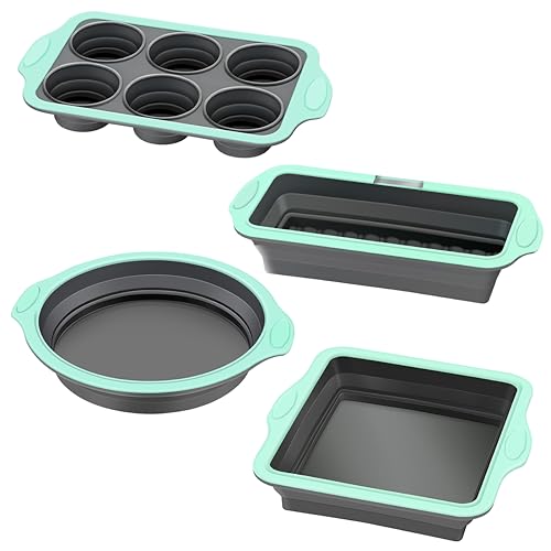 WGPG Silicone Baking Pan Set-4PCS Non-Stick Stackable Silicone Bareware Set with Grips Metal Reinforced Frame, Silicone Baking Molds with Round Cake Pan,Square Baking Pan,Bread Loaf Pan,Muffin Mold