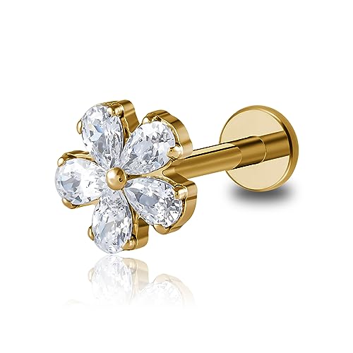 FINE4U 16G Flower Piercing Jewelry for Flat, Helix, Conch, Tragus - ASTM F136 Titanium Hypoallergenic Cartilage Earring, Screw on Nickel Free Flat Back Stud, Body Ear Jewelry for Women