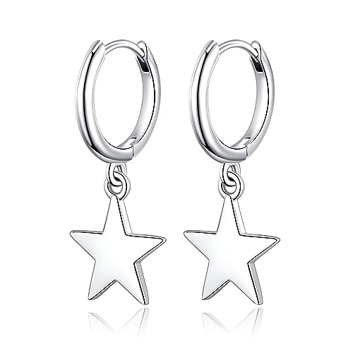 JSGEMSLEE Silver Star Earrings for Women Star Dangle Hoop Earrings Sterling Silver Small Huggie Hoop Earrings Star Hoop Earrings Christmas Gifts