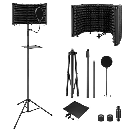 Moukey Microphone Isolation Shield with Pop Filter & Tripod Stand, Foldable Mic Shield with Triple Sound Insulation, High Density Mic Sound Shield for Recording Studio, Podcasts, Singing, Broadcasting