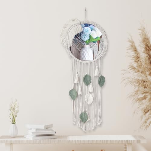 DUOQYA Boho Wall Decor Mirror Macrame Circle Hanging Mirror for Apartment Livingroom Bedroom Dorm Room Entryways