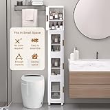 VECELO 4-Tier Tall Narrow Storage Cabinet with Movable Wheels, Adjustable Shelves, Anti-Tip, Slim, for Small Space, Bathroom, Kitchen, Laundry, White