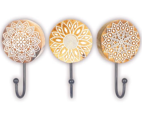 Mandala Life ART Decorative Wall Hook - Pack of 3 - Natural Raw Mango Wood - Hand Curved Wooden Hanger with Metal Hook for Coats,Towels, Keys,Clothes - Jewelry Hanger