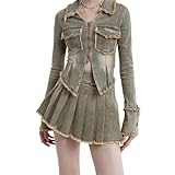 Aelfric Eden Womens Denim Jacket Fringe Two-Way Zipper Fashion Vintage Washed Long Sleeve Jean Coat