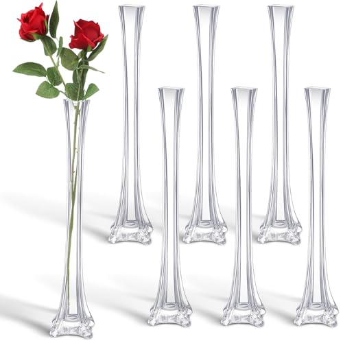 Roshtia 6 Pcs Eiffel Tower Vase Bulk 16 Inch Flute Vases Tall Glass Long Skinny Base Glass for Wedding Centerpiece Flowers Home Table Decorations Formal Dinners (Clear)