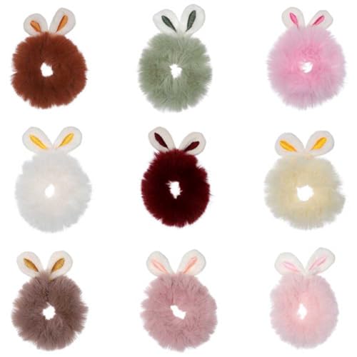 9 Pcs Bunny Ear Hair Scrunchies Furry Rabbit Ear Hair Bands Elastic Hair Ties Plush Hair Ropes Ponytail Holder Hair Accessories for Women and Girls, Random Color