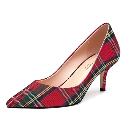 MOVINSTEPS Red Plaid Closed Pointed Toe Low Heels Pumps for Women Comfortable Classic Wedding Business Dressy Shoes 2.5 Inch Size 8