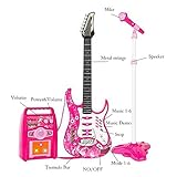 Willbebest Kids Karaoke Microphone Guitar Musical Set Kids Electric Guitar Microphone Amplifier Set Karaoke Machine Musical Instruments Toy Electric Guitar with Microphone for Boys and Girls (Pink)