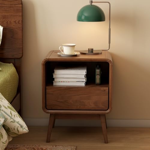 Vadisun 100% Solid Wood Nightstand, Walnut Night Stand with Drawer and Open Shelf, Mid Century Nightstand, Small Nightstands for Small Spaces, Wood Bedside Table for Bedroom, Living Room(20.47" H)