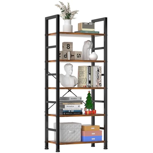 Sweetcrispy Book Shelf, 5 Tier Bookcase, Modern Tall Bookshelf for Garage Kit, CDs, Movies, Industrial Corner Storage Organizer for Bedroom Home Office Kitchen Living Room, Rustic Brown