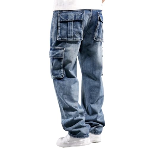 Mens Loose Fit Hip Hop Jeans Casual Cargo Denim Pants with Multi Pockets (US, Numeric, 34, Regular, Regular, Blue)