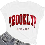 Avanova Women's Brooklyn Letter Print Crew Neck T-Shirt Short Sleeve Casual Tee Top White B Small