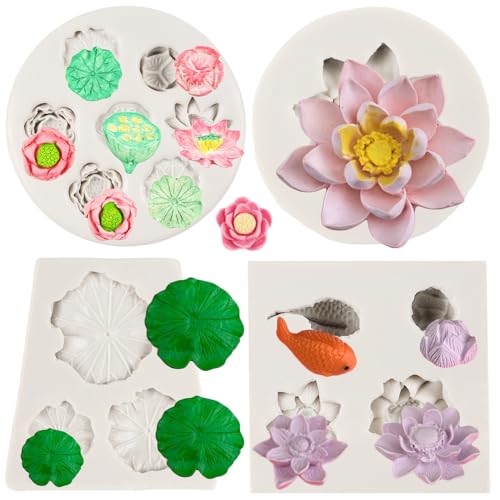 FCKEMLDS Lotus Flower Silicone Molds Lotus Leaf Fondant Mold Lily Pad Silicone Molds Lotus Root Mold For Cake Decoration Cupcake Topper Chocolate Candy Polymer Clay Gum Paste Set of 4