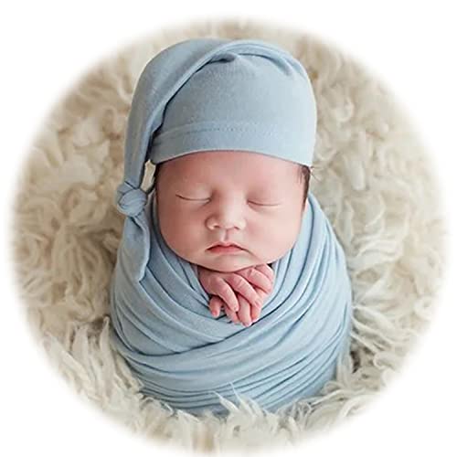 Zeroest Newborn Photography Wraps with Hat Baby Photo Outfit Girl Stretch Blanket Infant Boy Props for Baby Photo Shoot (Blue)