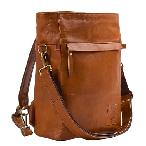 Volksy Bags Genuine Leather Convertible Backpack for Women - Laptop & Ipad pocket - 2 in 1 Shoulder/Crossbody Back Pack for Traveling - Brown (Tan)