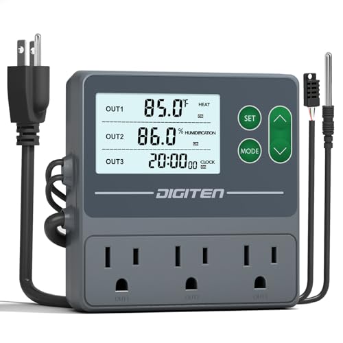 DIGITEN Temperature and Humidity Controller with Timer - 3 Outlet, 2 Separate Probes, Plug in Temperature Controller for Reptiles,Snake, Mushrooms, Tent, Triple Control for Temp,Humidity,Time