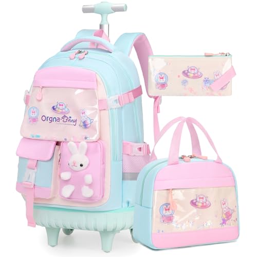 FIXITOK Rolling Backpack for Girls, Kawaii Bunny Roller Wheels School Backpacks with Lunch Bag Pencil case, Wheeled Suitcase Bookbag for Elementary Travel Aquamarine