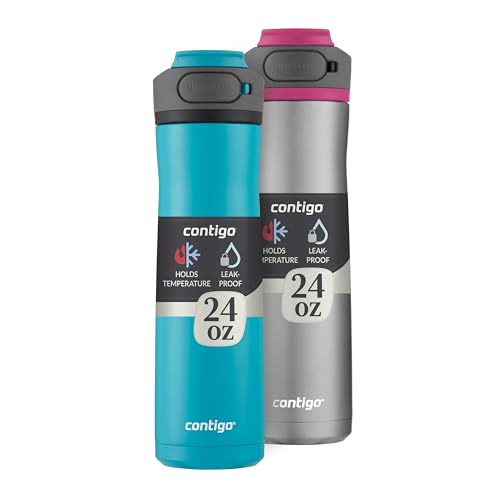 Contigo Cortland Chill 2.0 Vacuum-Insulated Stainless Steel Water Bottle Spill-Proof Lid Preserves Temperature for Hours 24oz 2-Pack Juniper & Dragonfruit Ideal for Travel and Daily Use