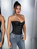 SOLY HUX Women's Lace up Strapless Overbust Corset Bustier Top Lingerie Push up Bodyshaper with Thongs 2 Piece Pure Black M