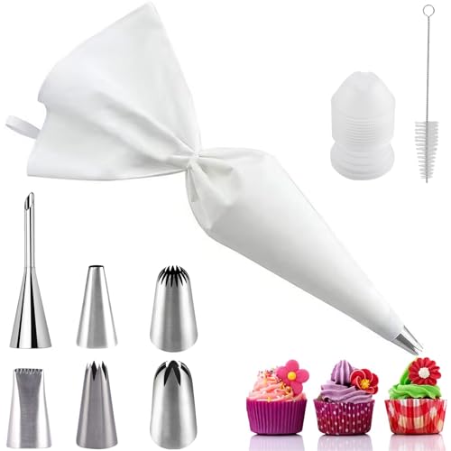 Reusable Cotton Piping Bags and Tips Set- Frosting Piping Kit for Baking 6pcs Large Stainless Icing Tips for Cake Decorating- Icing Bag,Coupler I Professional Cupcake Kit